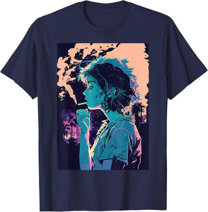 Japanese Vaporwave Sad Anime Girl Indie Aesthetic Otaku T-Shirt - T-Shirt | Navy