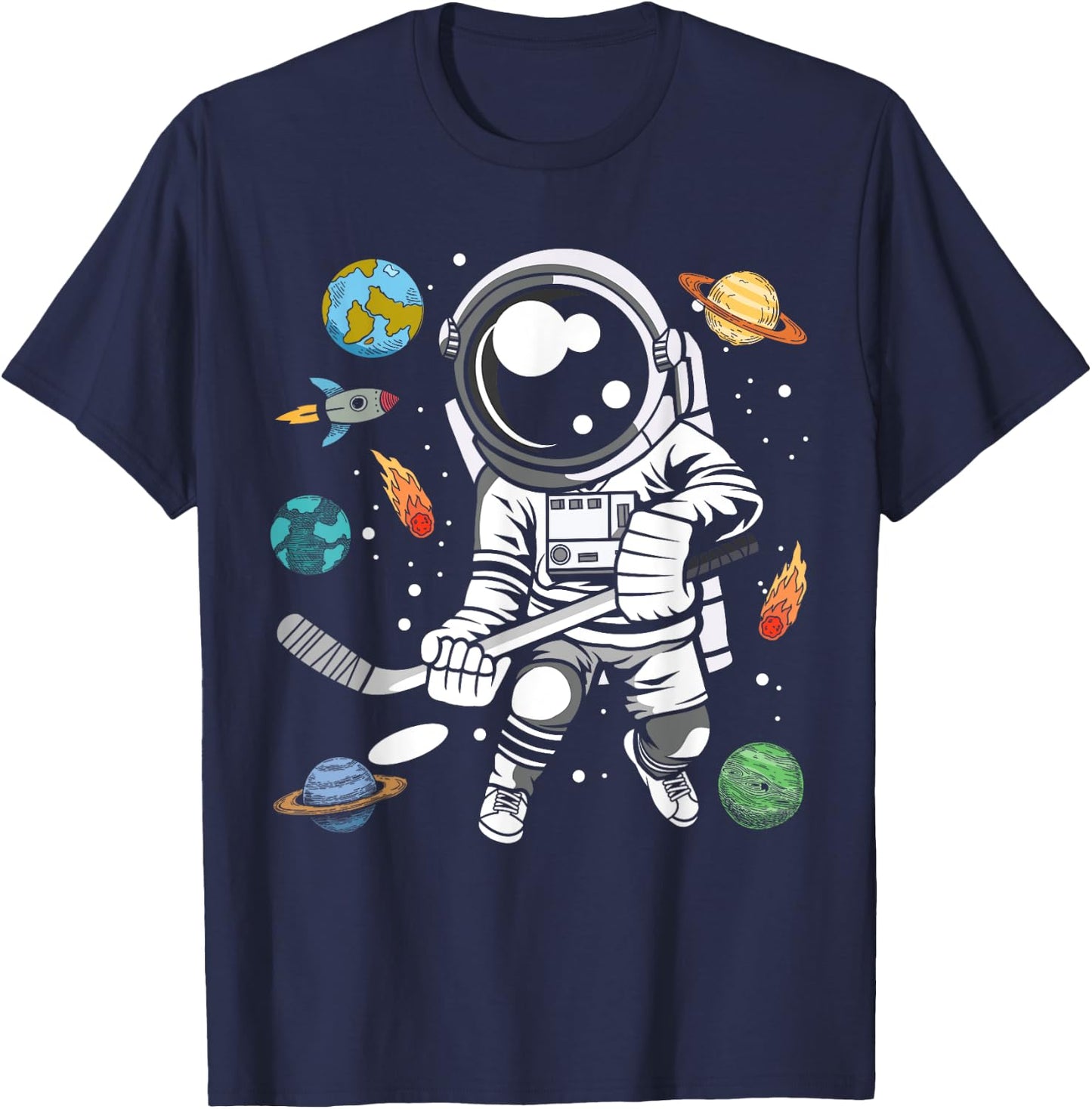 Funny Hockey Player Cosmonaut Outer Space Astronaut T-Shirt - T-Shirt | Navy