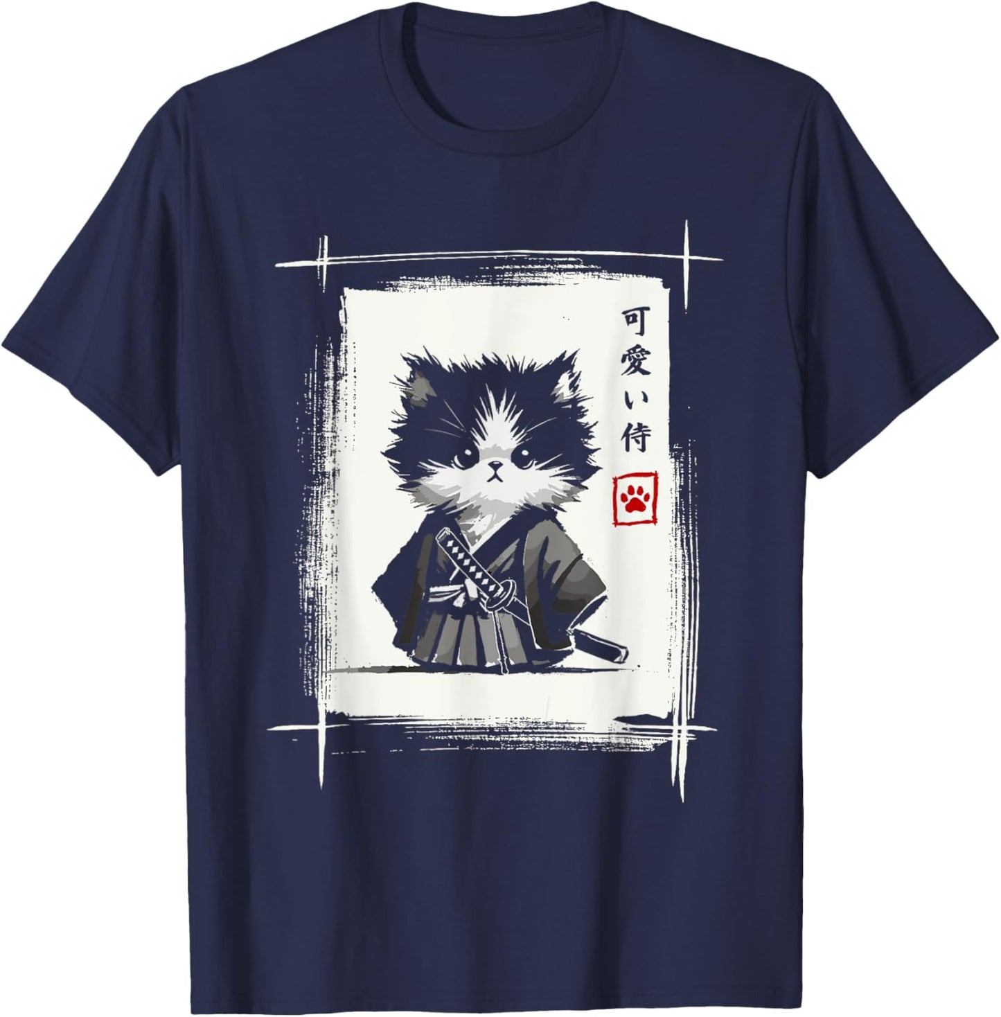 Samurai Cat Japanese Art Sumi-e Novelty Kawaii Funny Cat T-Shirt - T-Shirt | Navy