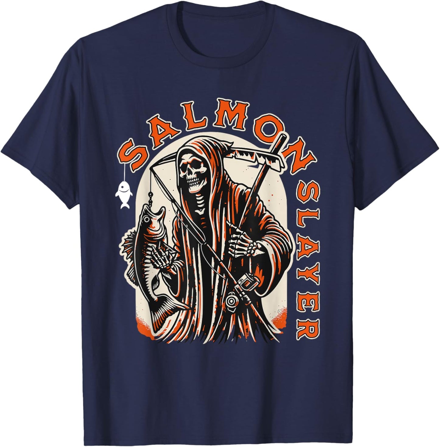 Salmon Slayer Funny skeleton Fishing Salmon Fish T-Shirt - T-Shirt | Navy