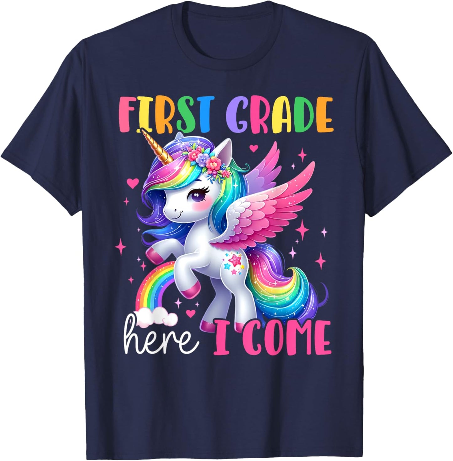 First Grade Here I Come Unicorn Girls Kids Back To School T-Shirt - T-Shirt | Navy