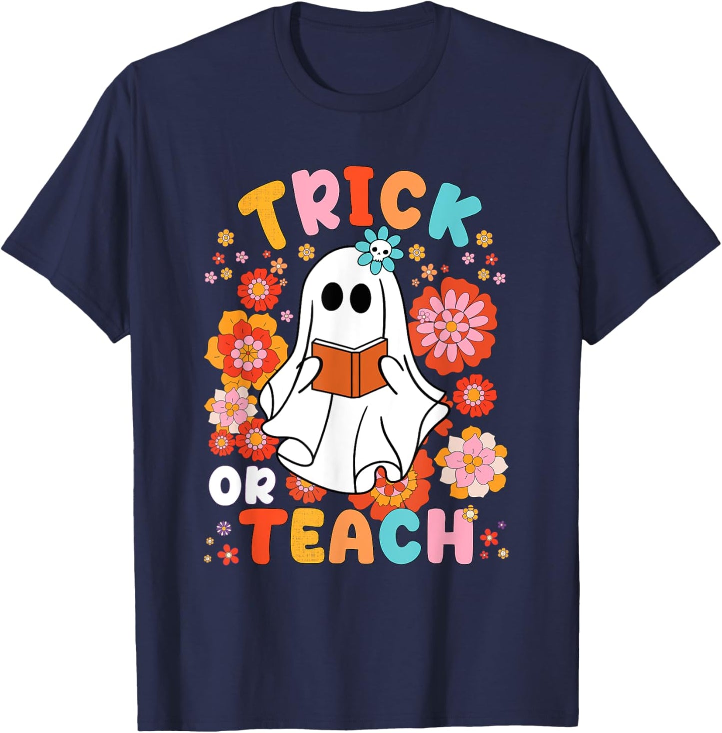 Groovy Halloween Trick or Teach Retro Floral Ghost Teacher Women Kids T-Shirt - T-Shirt | Navy