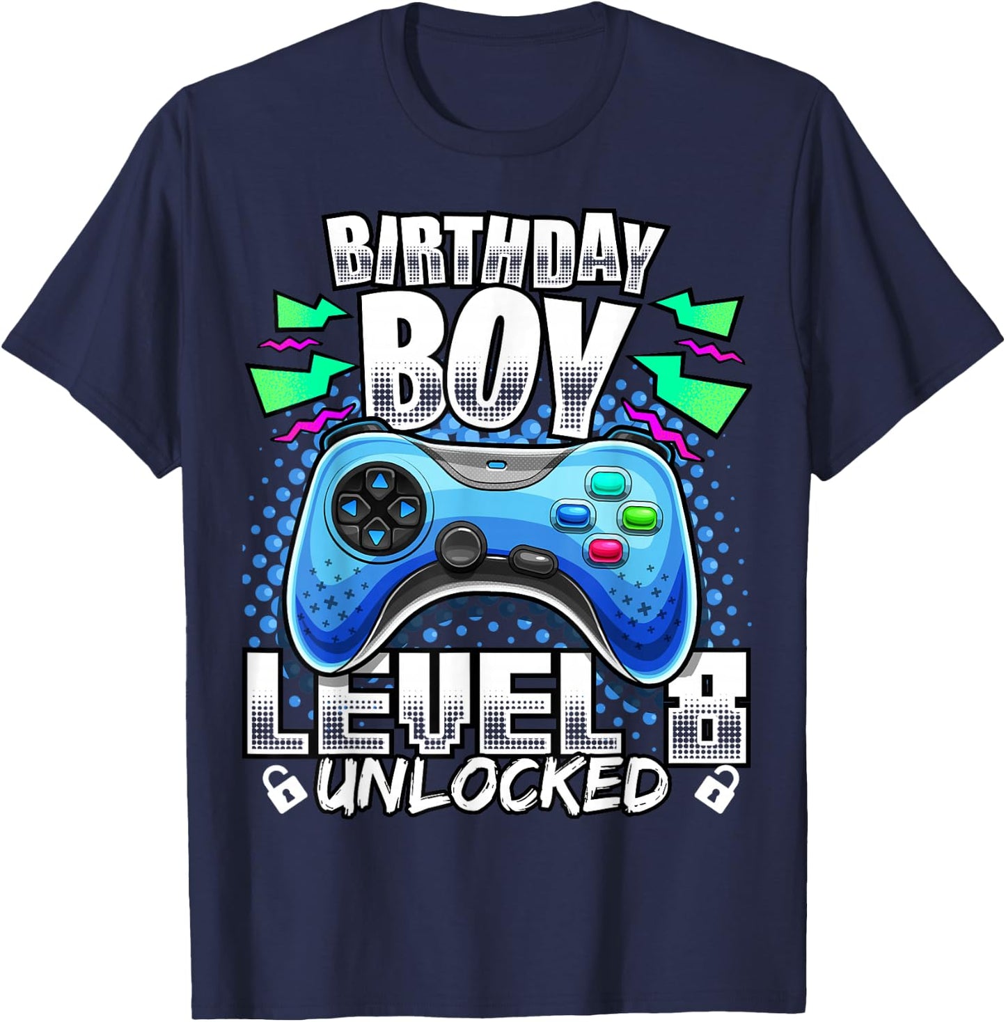 Level 8 Unlocked Video Game 8th Birthday Gamer Gift Boys T-Shirt - T-Shirt | Navy