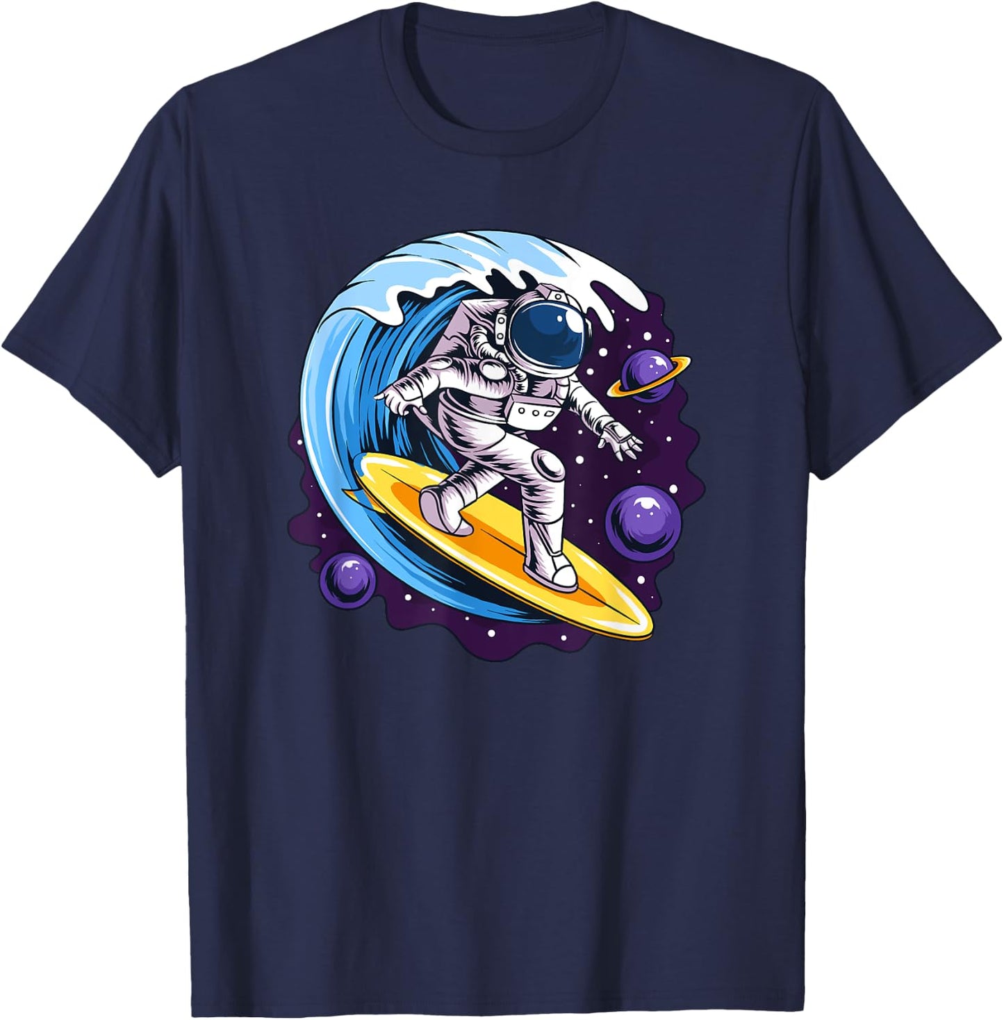 Astronauts Surf On A Surfboard In Space With Stars Planets T-Shirt - T-Shirt | Navy