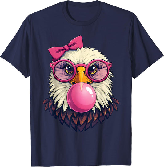 Cute Girl Bald Eagle Glasses Pink Bow Bubble Gum Eagle Lover T-Shirt - T-Shirt | Navy