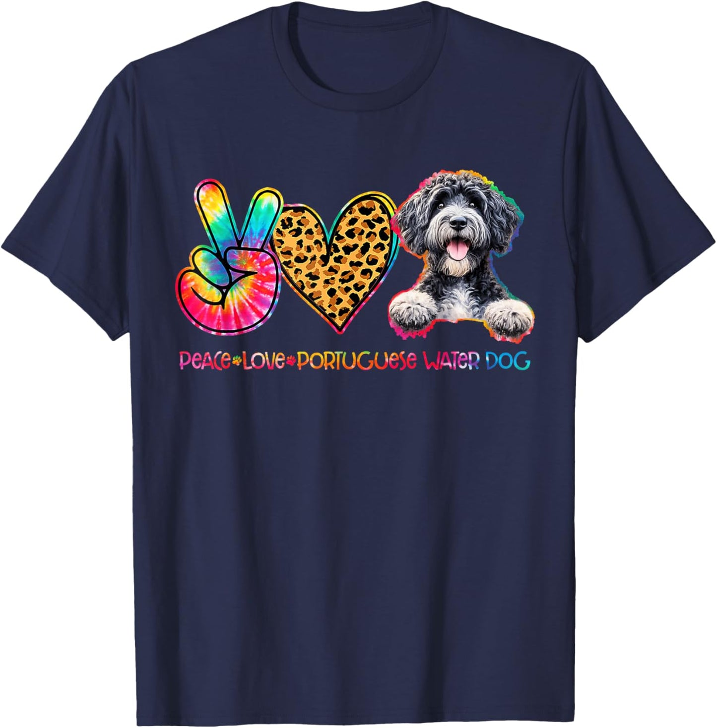 Peace Love Portuguese Water Dog Tie Dye Dog Lover T-Shirt - T-Shirt | Navy