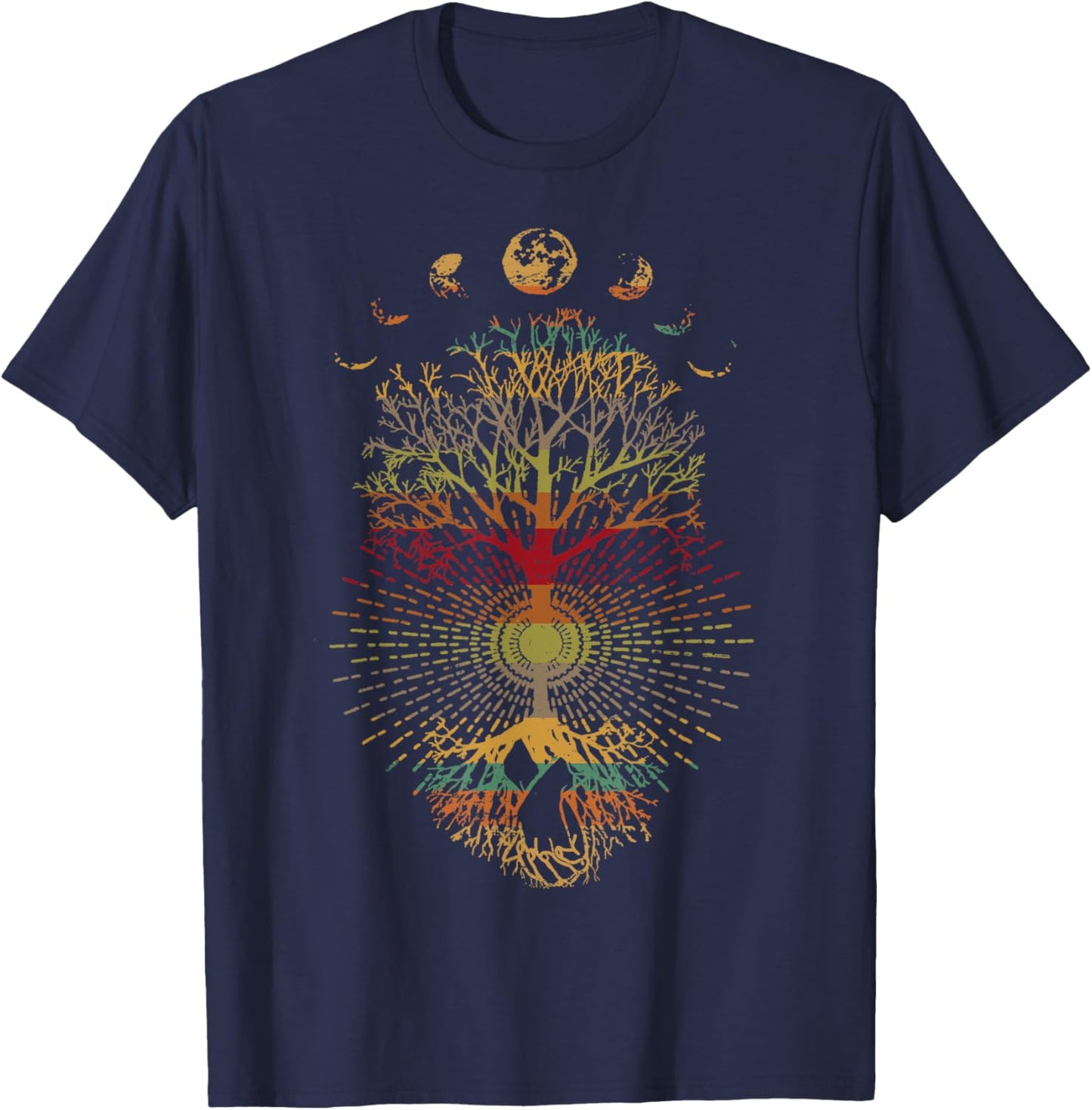 Phases of the Moon Retro 60's 70's Vibe Tree of Life T-Shirt - T-Shirt | Navy