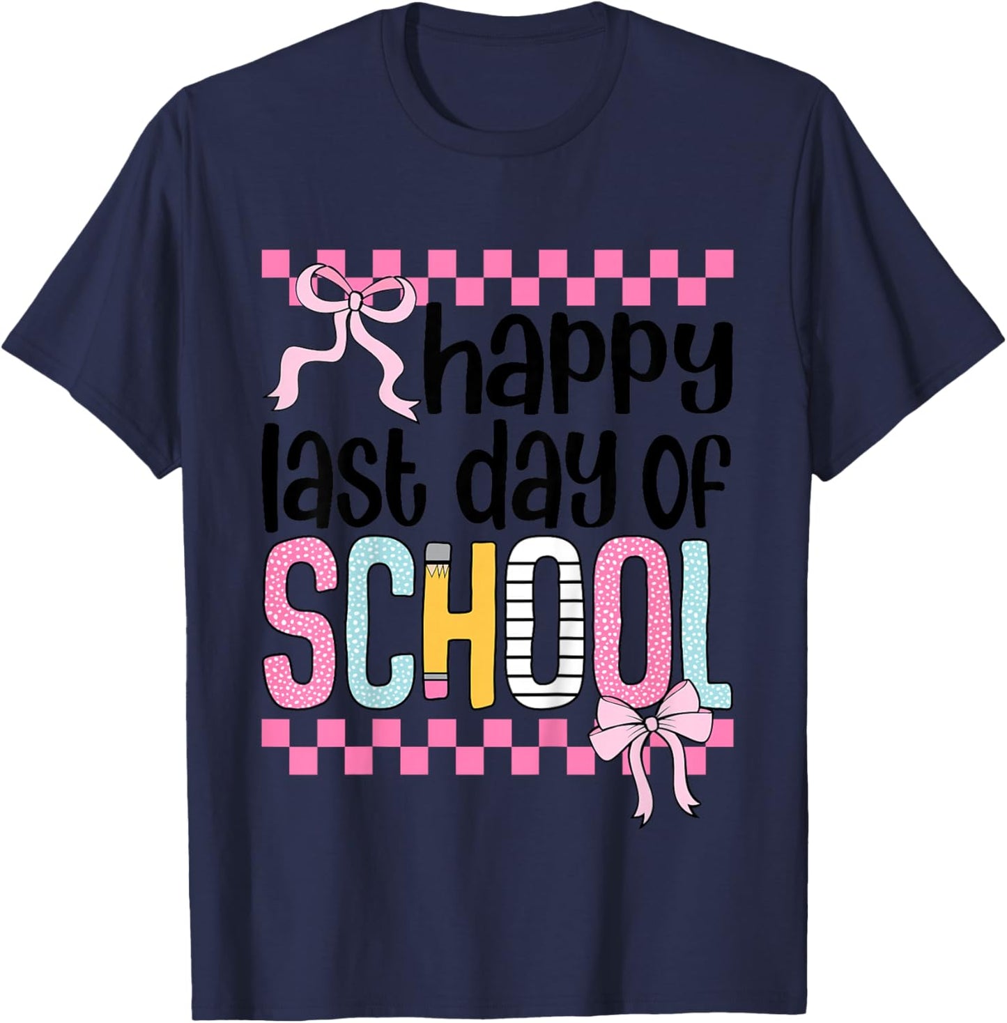 Happy Last Day of School Girls Coquette Bow Hello Summer T-Shirt - T-Shirt | Navy