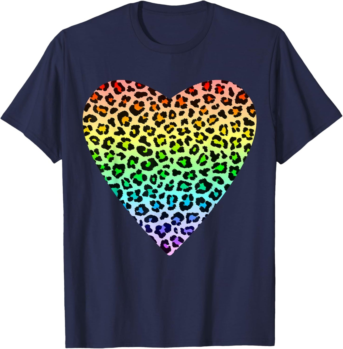 Heart Rainbow Cheetah Leopard Tiger Print T-Shirt - T-Shirt | Navy