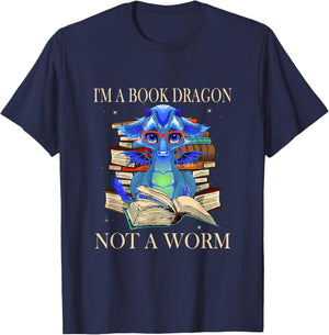 I'm a Book Dragon Not a Worm Funny Dragons Jokes T-Shirt - T-Shirt | Navy