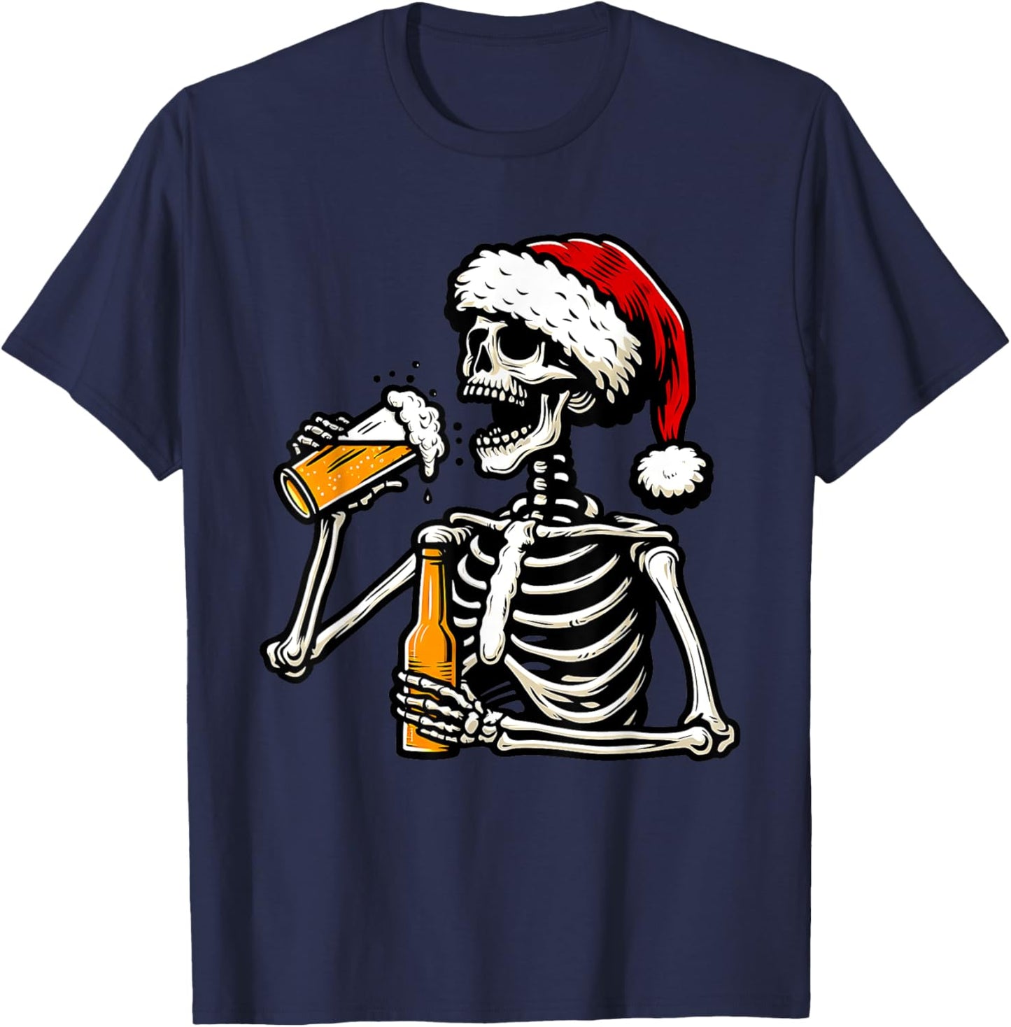 Christmas Santa Skull Skeleton Beer Drinking Drinker T-Shirt - T-Shirt | Navy