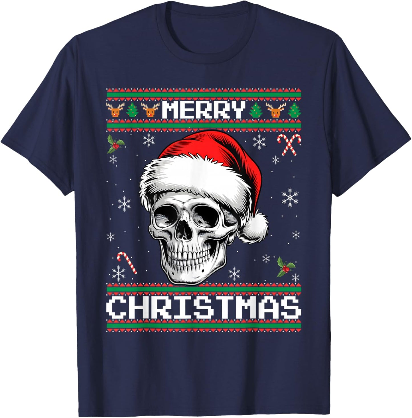Gothic Christmas, Ugly Sweater Goth Skull Christmas T-Shirt - T-Shirt | Navy