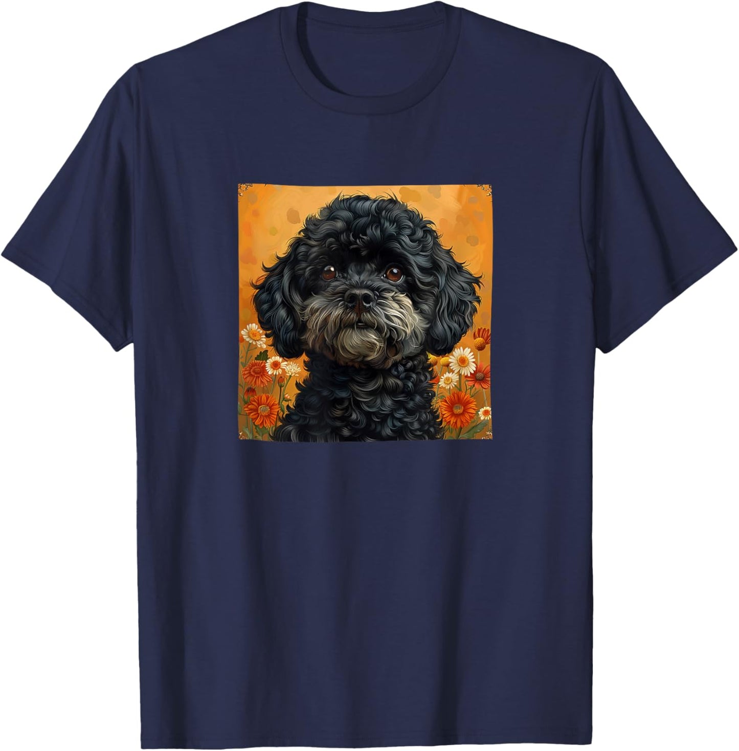 Black Poodle With Flowers Around Boho Style Graphic T-Shirt - T-Shirt | Navy