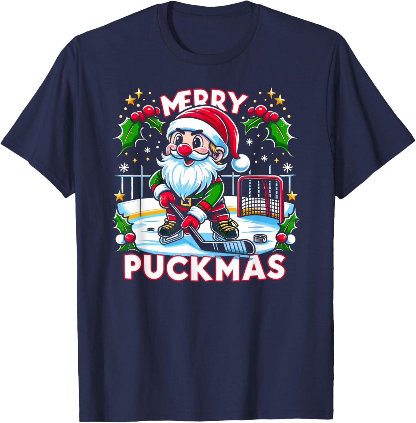 Ice Hockey Gnome, Merry Puckmas, Icehockey Player Christmas T-Shirt - T-Shirt | Navy