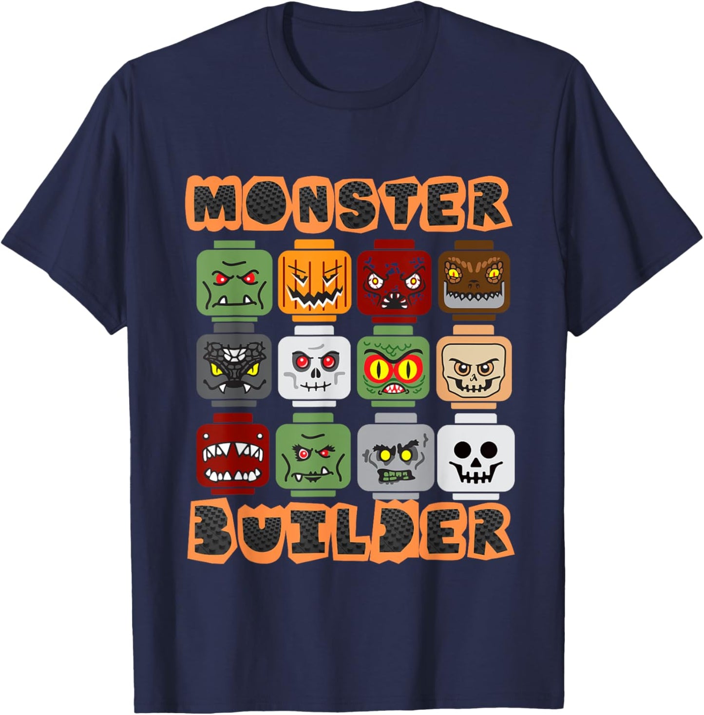 Halloween Building Bricks Monster Builder Brick Head Funny T-Shirt - T-Shirt | Navy