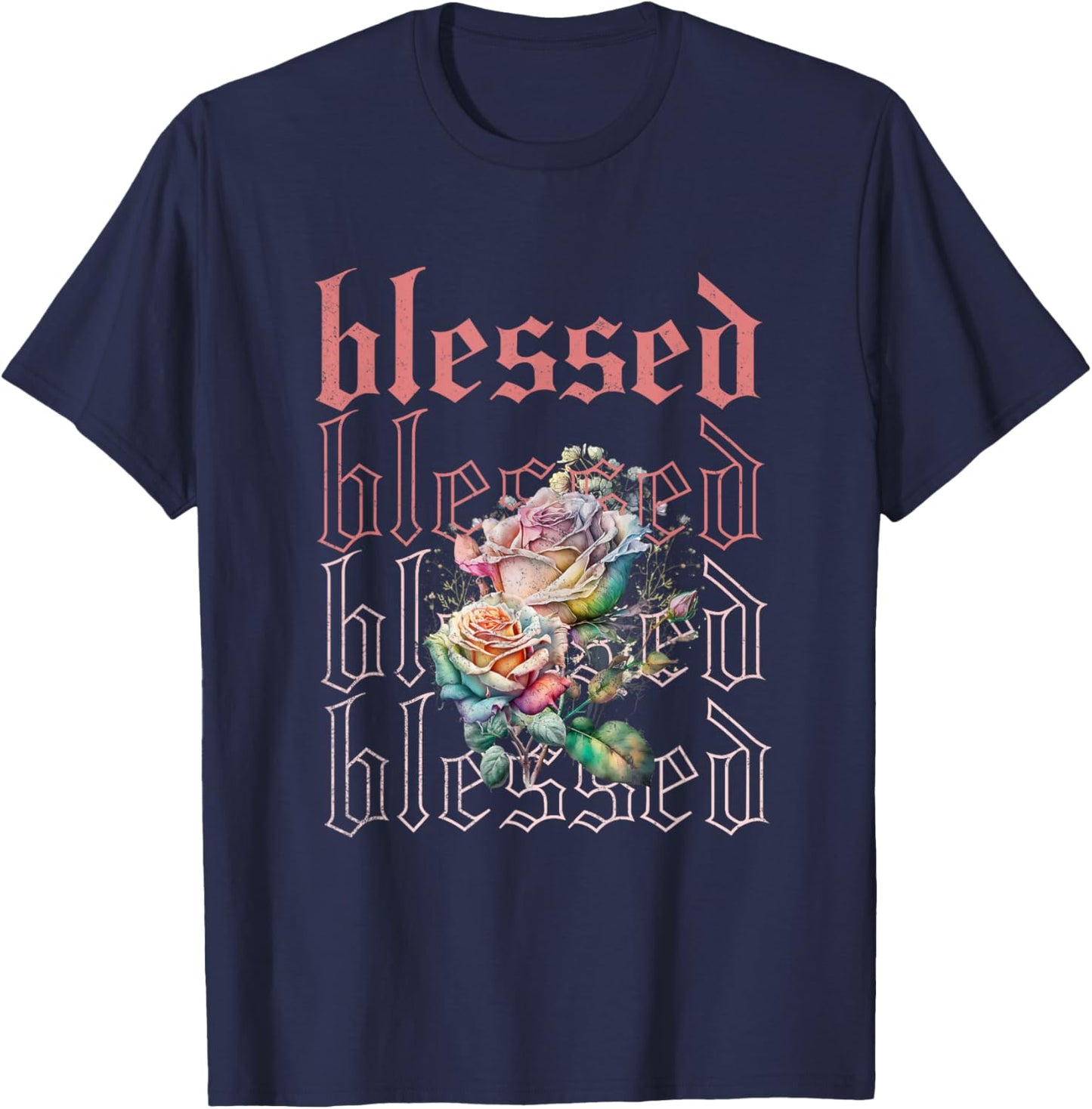 Christian Streetwear Blessed, Simple Christian Roses T-Shirt - T-Shirt | Navy