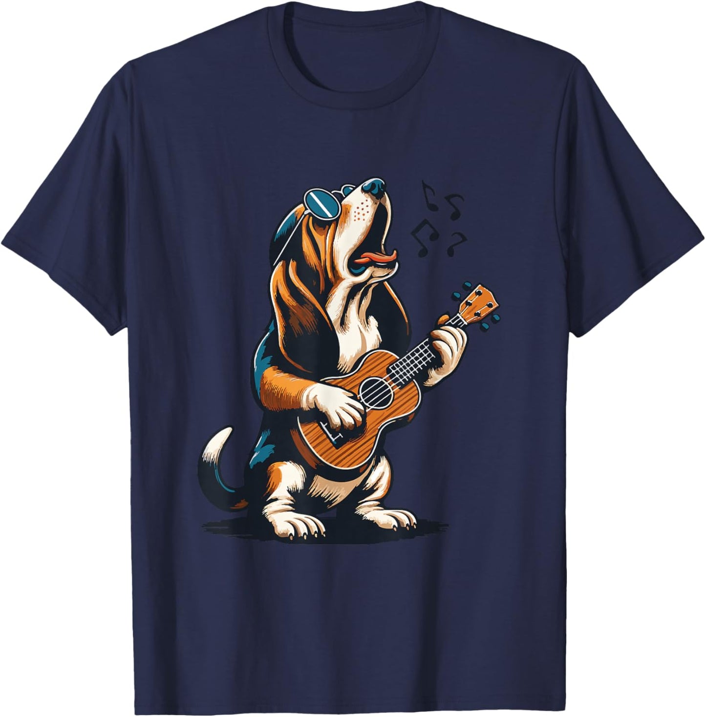 Dog Playing Guitar Singing Basset Hound Funny T-Shirt - T-Shirt | Navy