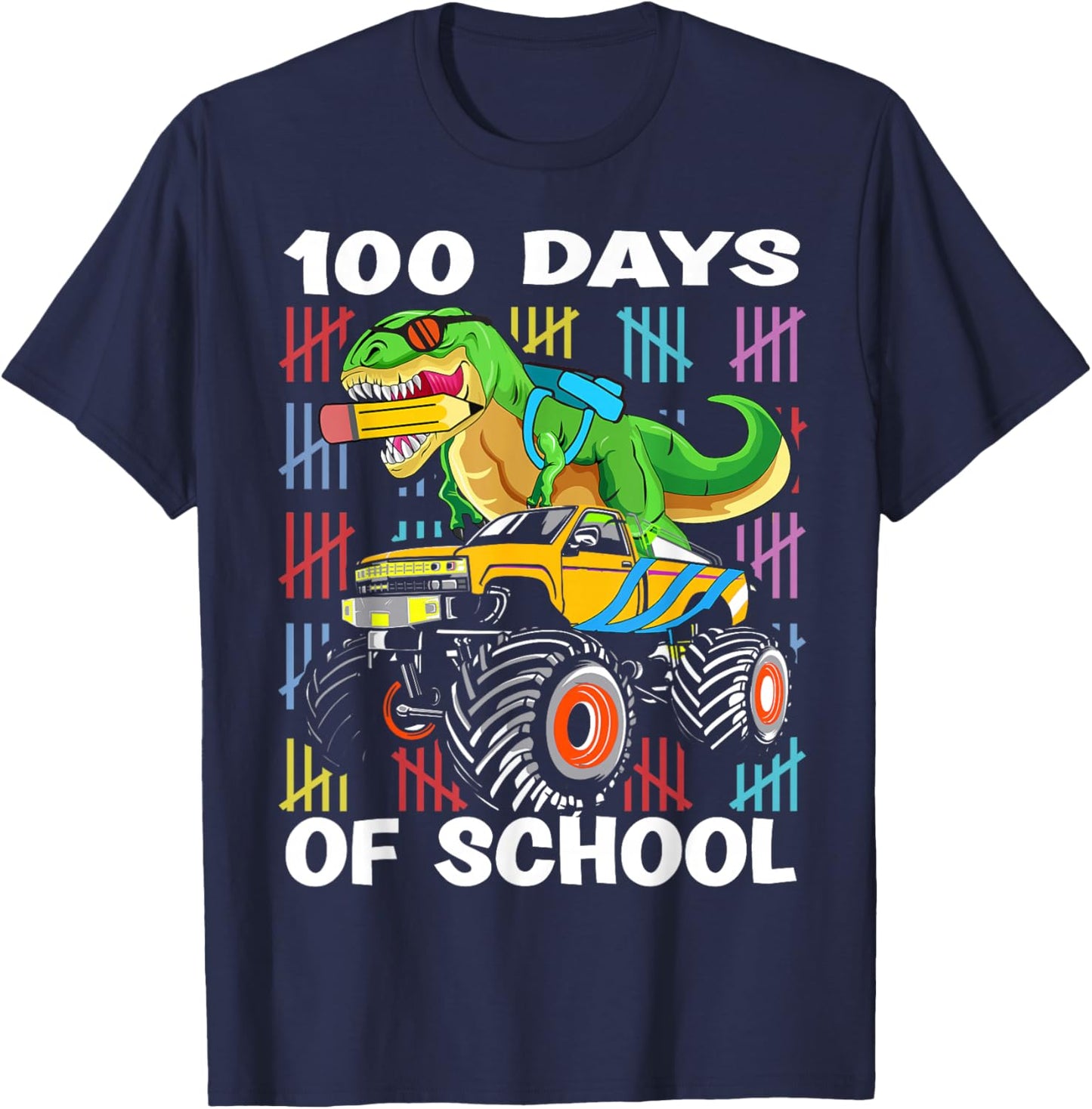 100th Day of School 100 Days School Truck Dinosaur Boys Kids T-Shirt - T-Shirt | Navy