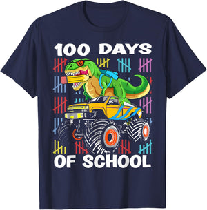 100th Day of School 100 Days School Truck Dinosaur Boys Kids T-Shirt - T-Shirt | Navy
