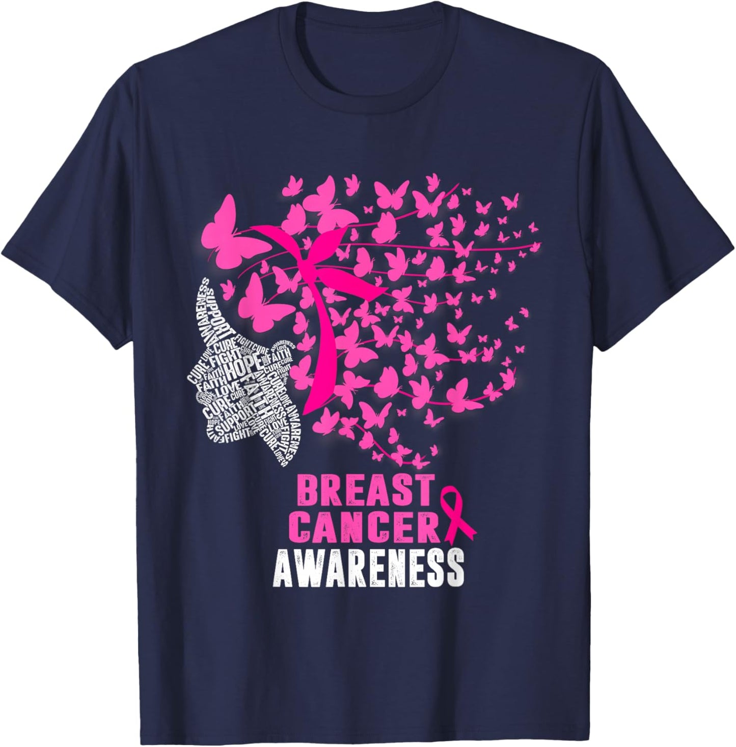 Breast Cancer Awareness Butterfly Pink Ribbon Support T-Shirt - T-Shirt | Navy