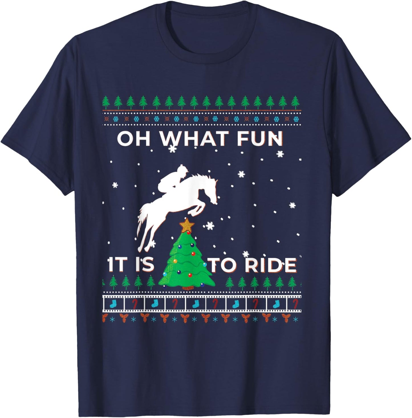 Horse Rider Equestrian Cowboy Ugly Christmas Sweater Jumper T-Shirt - T-Shirt | Navy