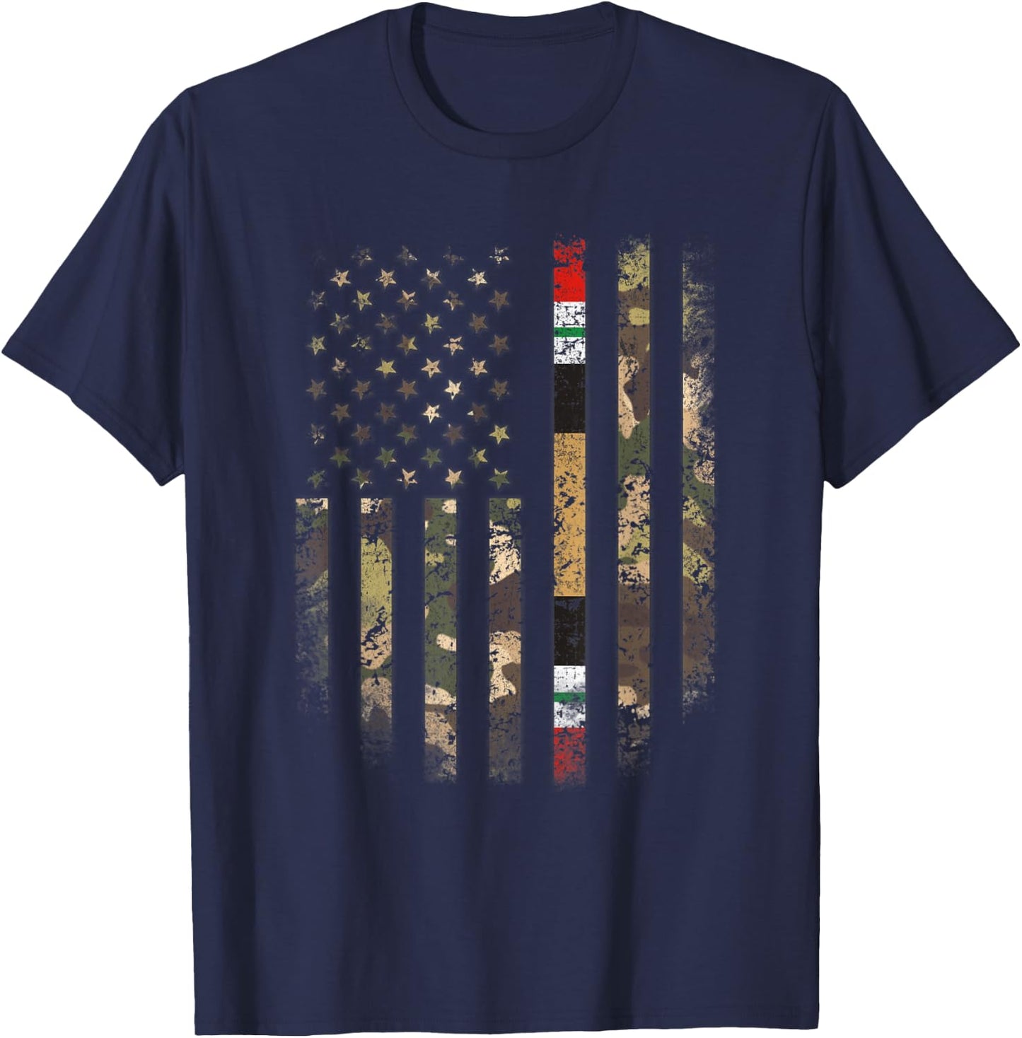 Proud Iraq War Veteran Camo US Flag Ribbon Military Family T-Shirt - T-Shirt | Navy