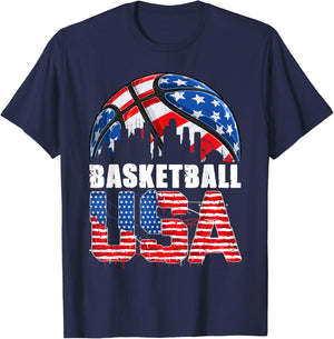 Funny Basketball Lovers Fans USA American Flag 4th Of July Women Kids Men T-Shirt - T-Shirt | Navy