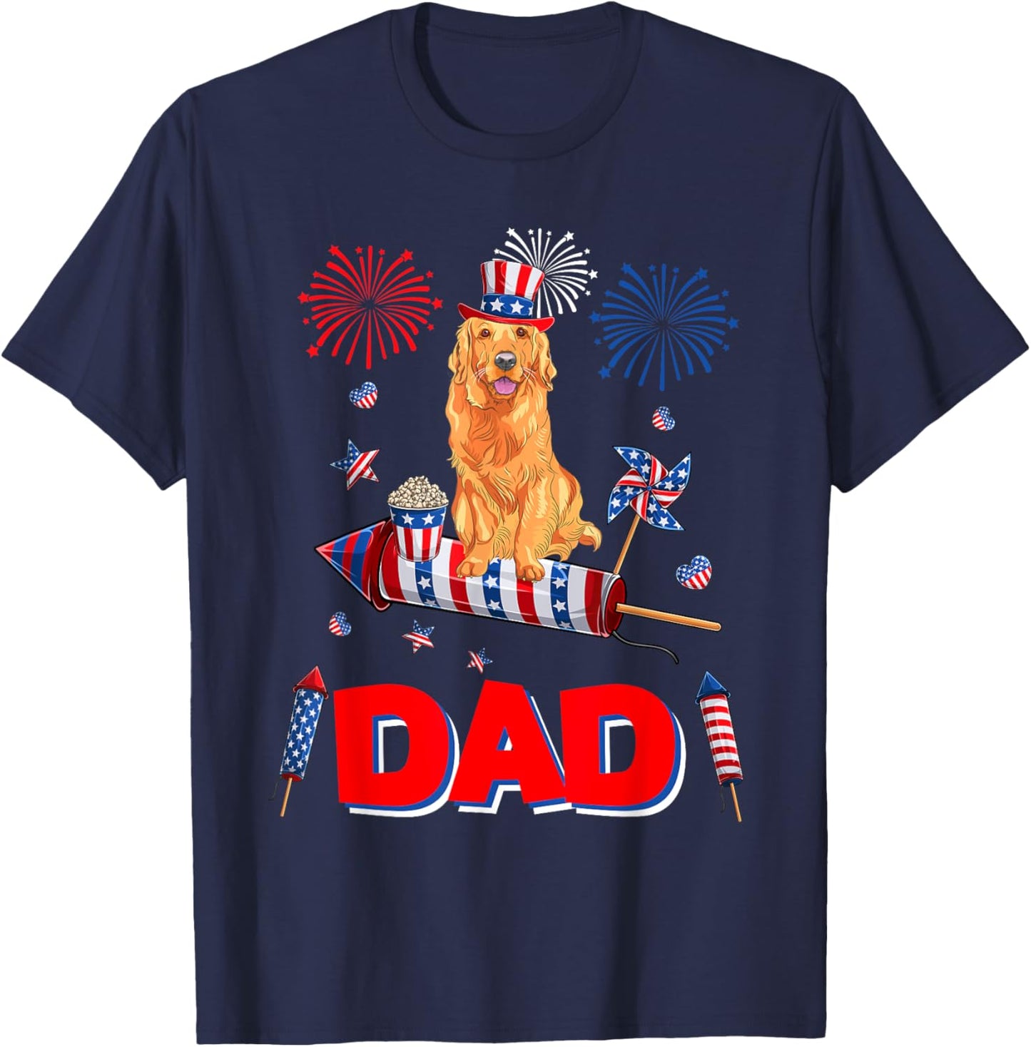 Dad Cute Golden Retriever 4th July American Flag Fireworks T-Shirt - T-Shirt | Navy