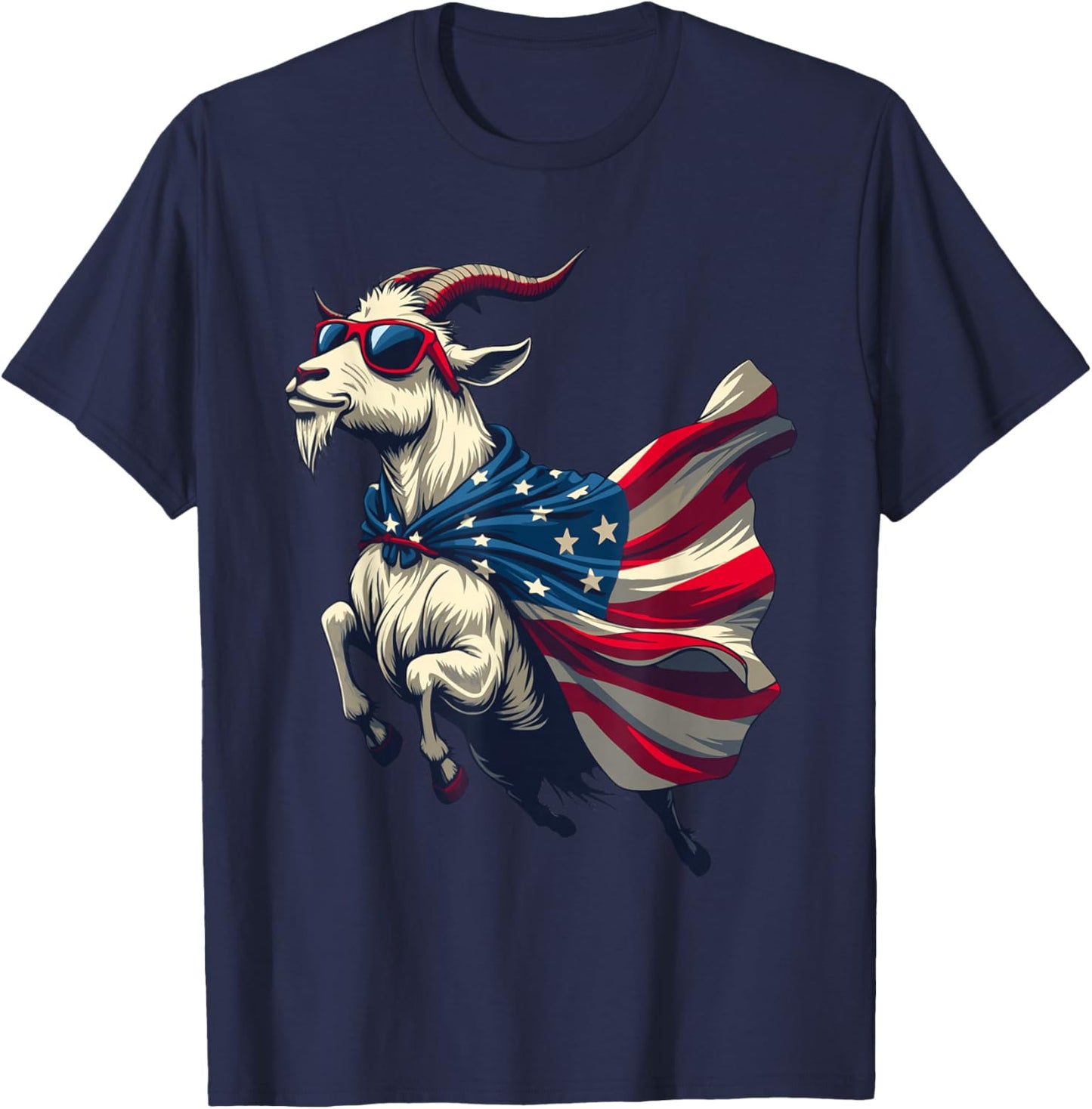 Cool Patriotic Goat in American Flag Cape with Sunglasses T-Shirt - T-Shirt | Navy