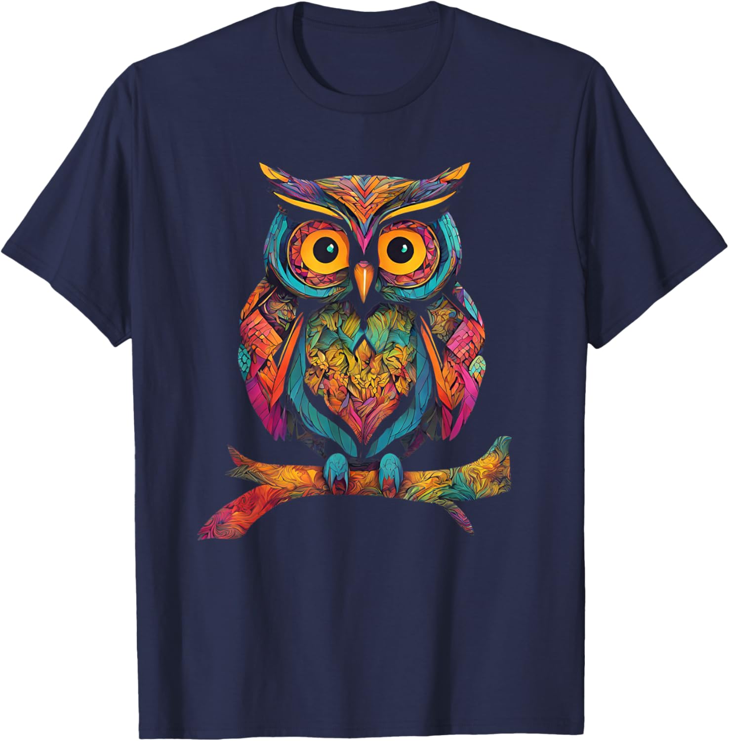 Owl Perched On A Tree Branch Colorful Pattern Owl Lover T-Shirt - T-Shirt | Navy