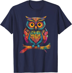 Owl Perched On A Tree Branch Colorful Pattern Owl Lover T-Shirt - T-Shirt | Navy