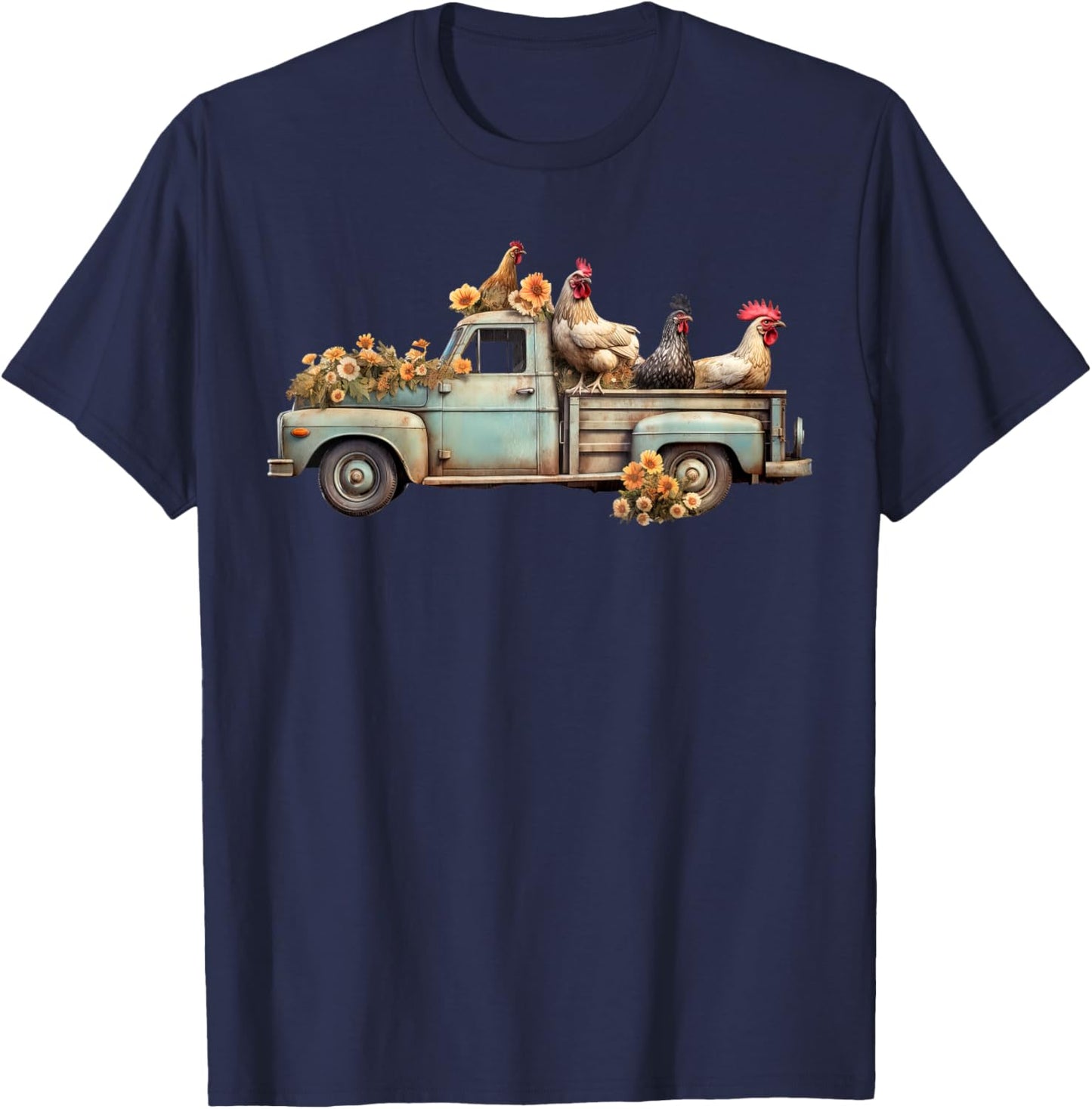 Vintage Chicken Truck Floral Farm Animals Farmer Farming T-Shirt - T-Shirt | Navy