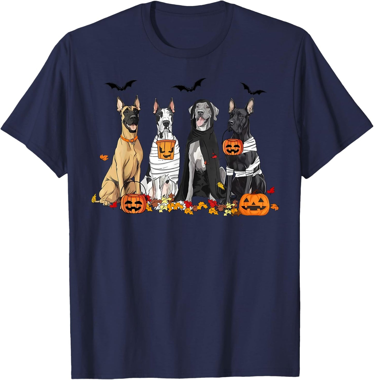 Cute Great Dane Dogs Ghost Witch Mummy Halloween Pumpkins T-Shirt - T-Shirt | Navy