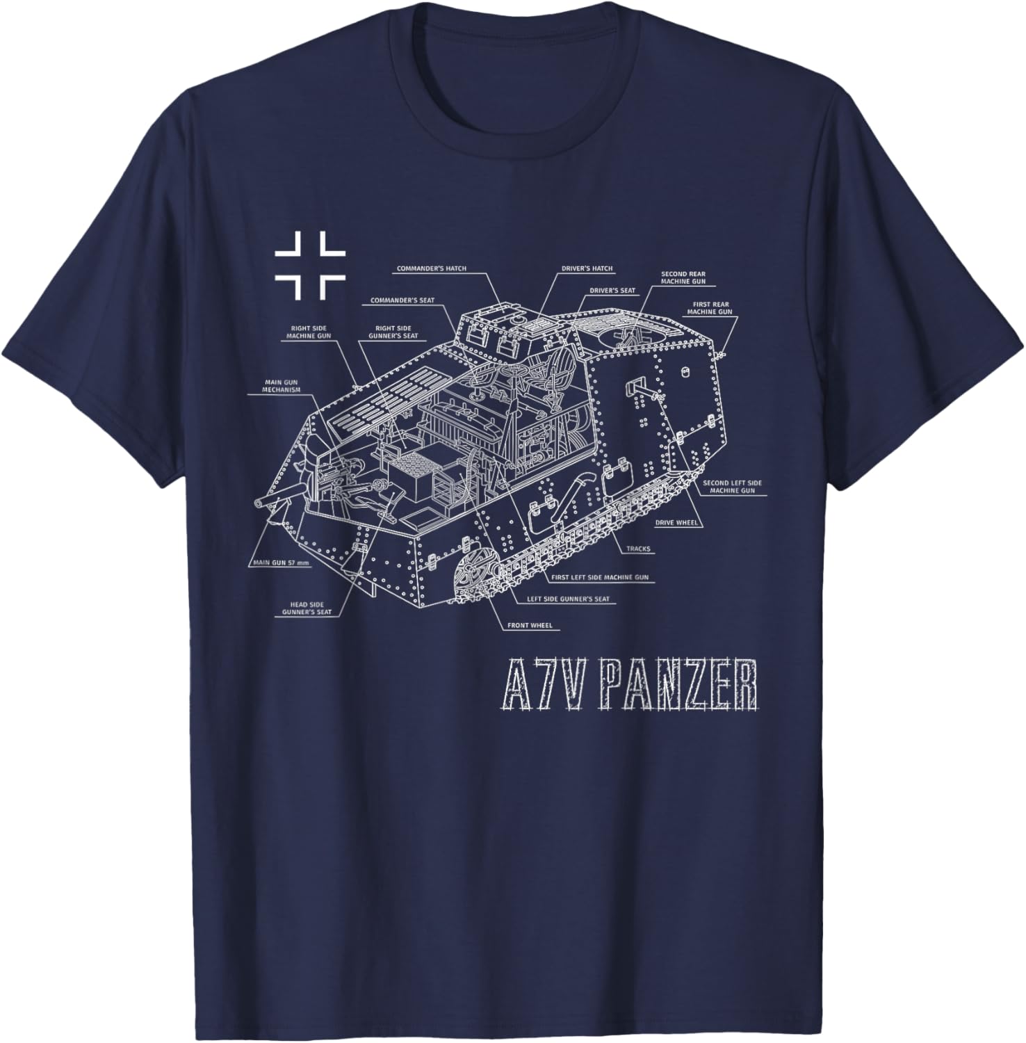 World War 1 German Tank A7V Blueprint T-Shirt - T-Shirt | Navy