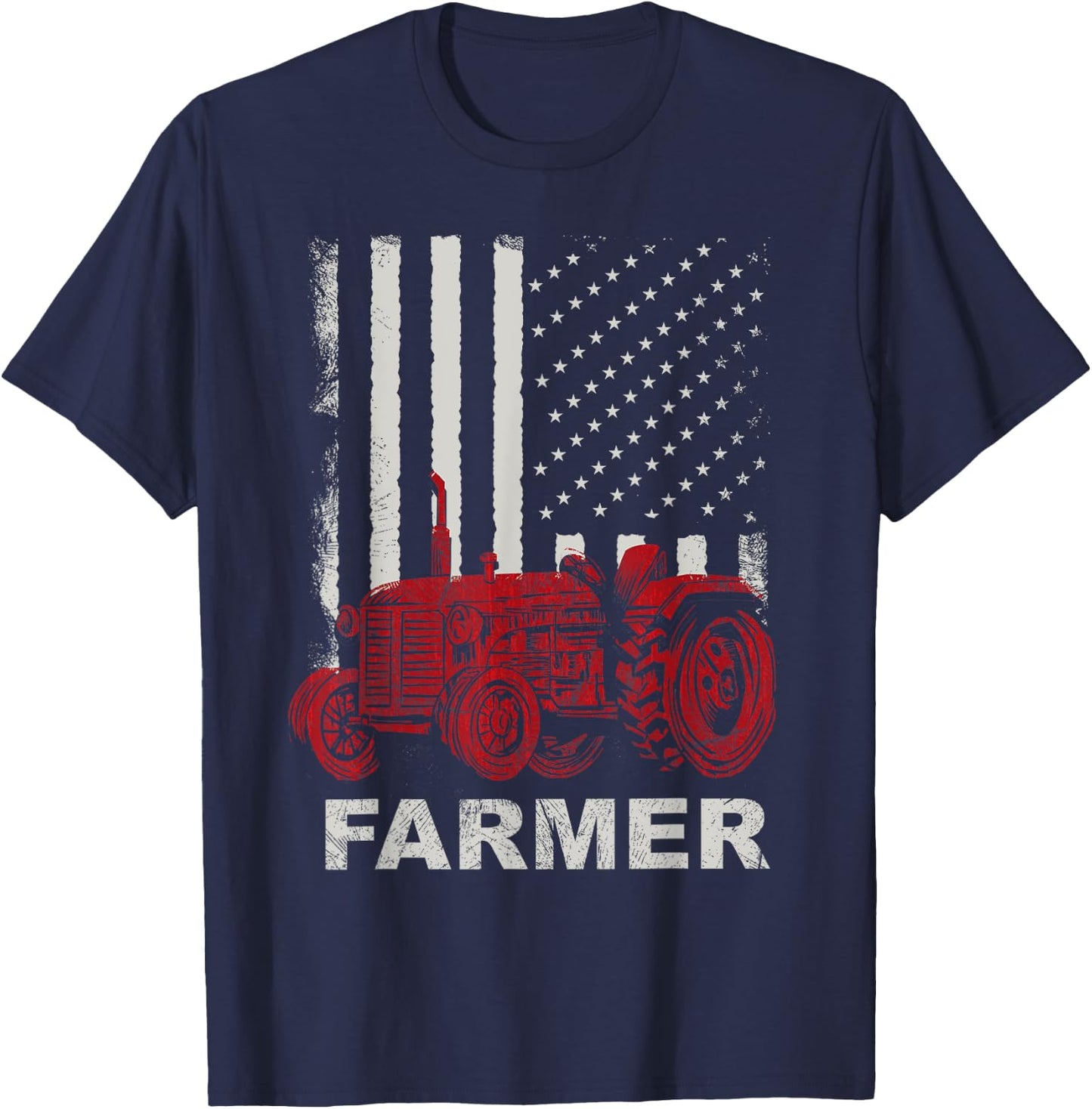 American Flag Farm Tractors Vintage Patriotic Farming Farmer Women Kids Men T-Shirt - T-Shirt | Navy