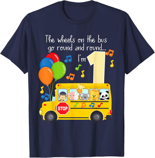 The Wheels On The Bus 1st Birthday 1 Yr Old Family Matching T-Shirt - T-Shirt | Navy