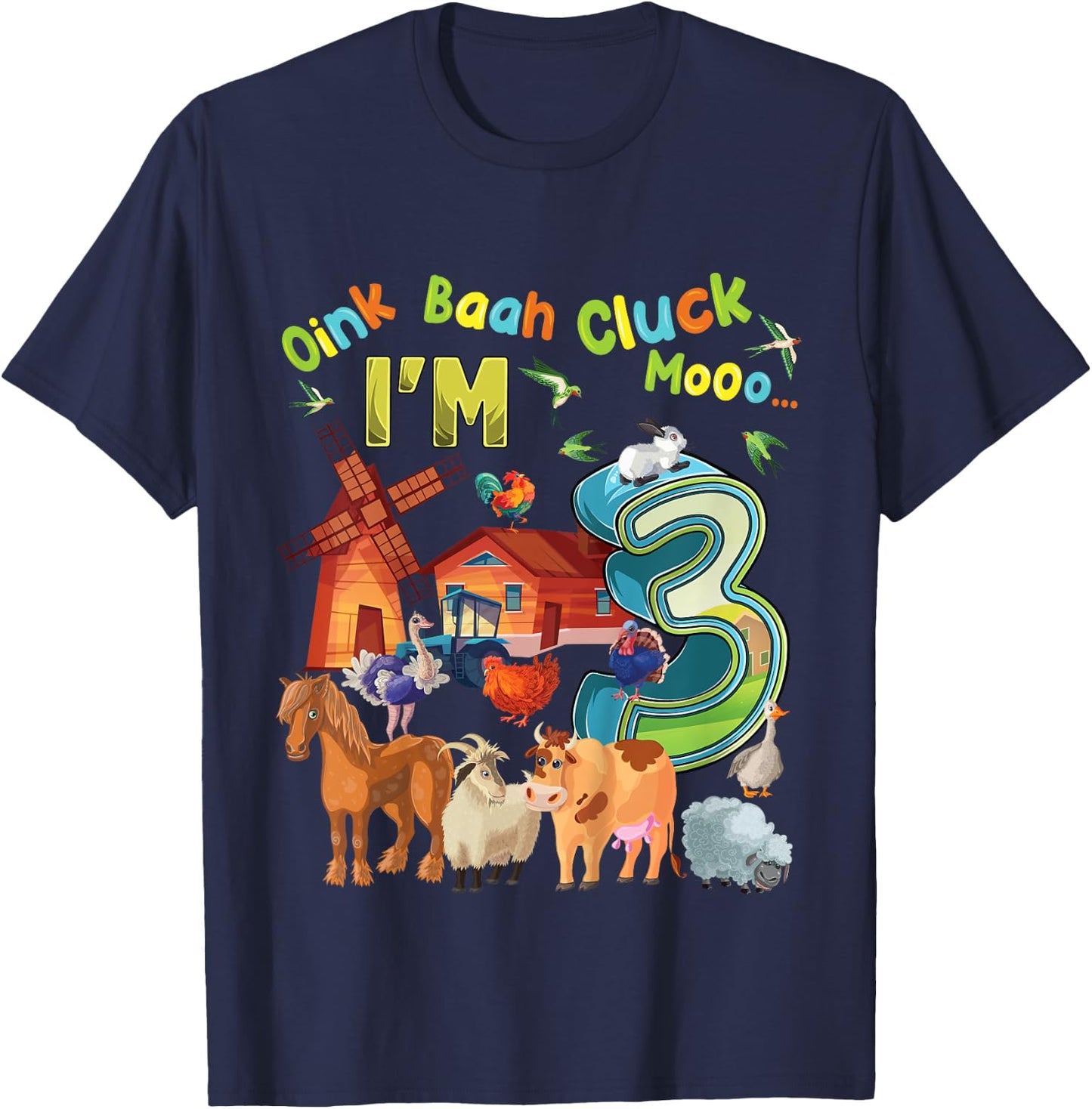 Barnyard 3rd Birthday Farm Animals 3 Years Old Farming T-Shirt - T-Shirt | Navy