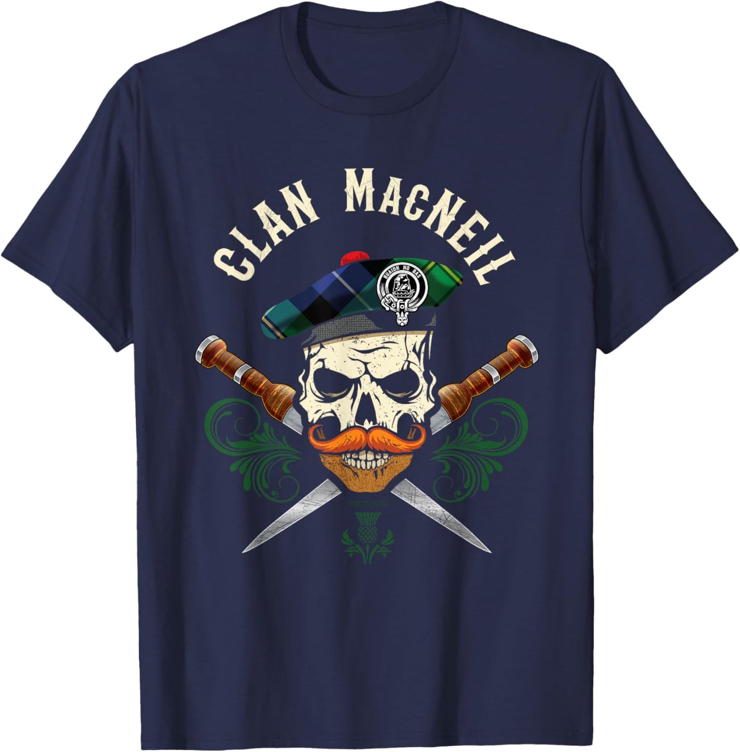 Scottish Clan MacNeil Surname Skull Dirks Tartan Badge T-Shirt - T-Shirt | Navy