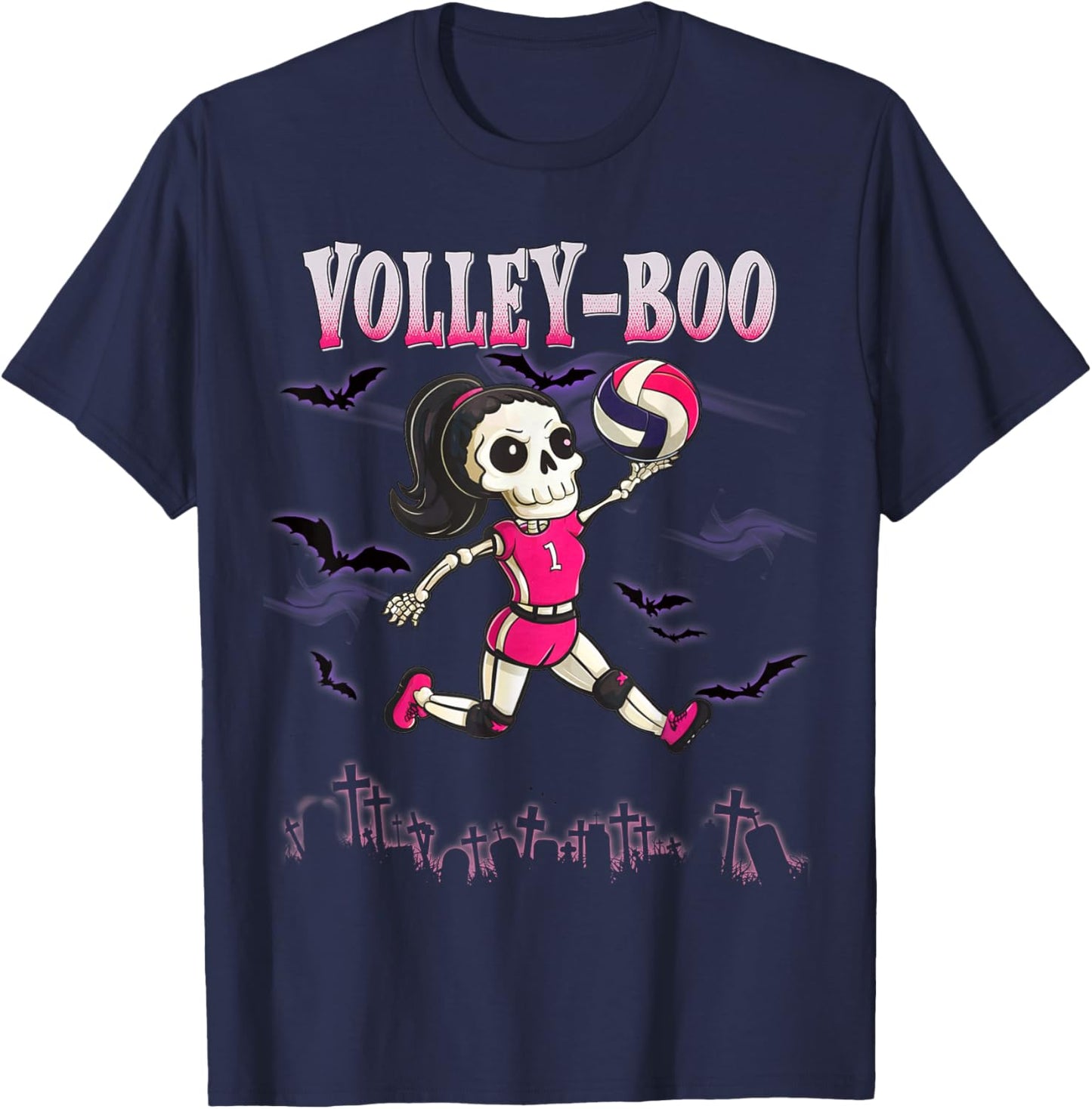 Volleyball Teen Halloween Skeleton Girl October Volley-Boo T-Shirt - T-Shirt | Navy
