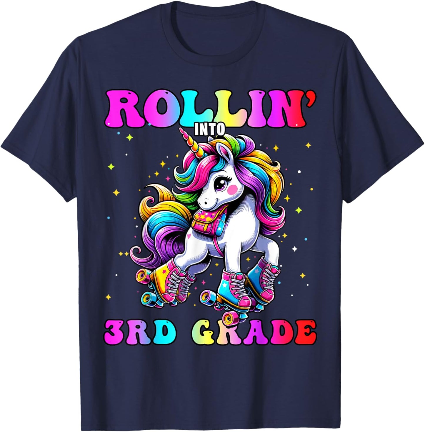 3rd Grade Back To School First Day Girl Rollin Unicorn T-Shirt - T-Shirt | Navy