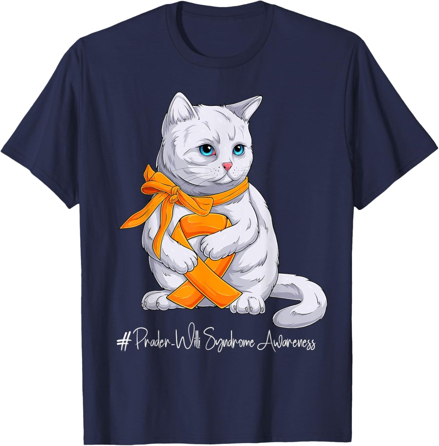 Prader-Willi Syndrome Awareness Month Orange Ribbon Cat T-Shirt - T-Shirt | Navy
