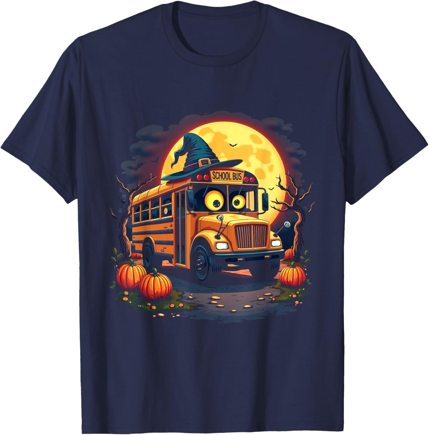Halloween School Bus with Witch Hat and Pumpkins Spooky T-Shirt - T-Shirt | Navy