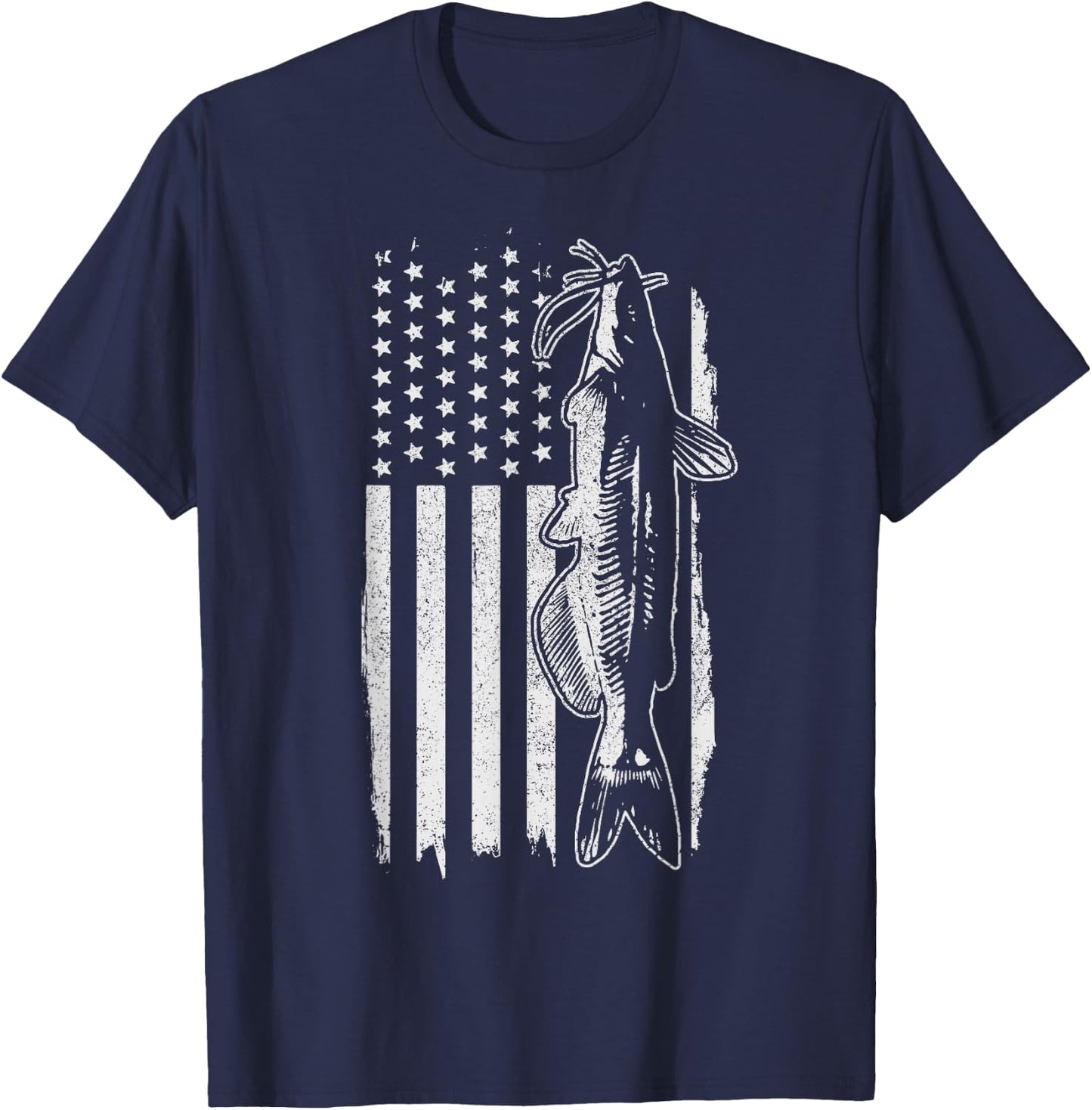 Catfish American Flag Patriotic Fishing T-Shirt - T-Shirt | Navy