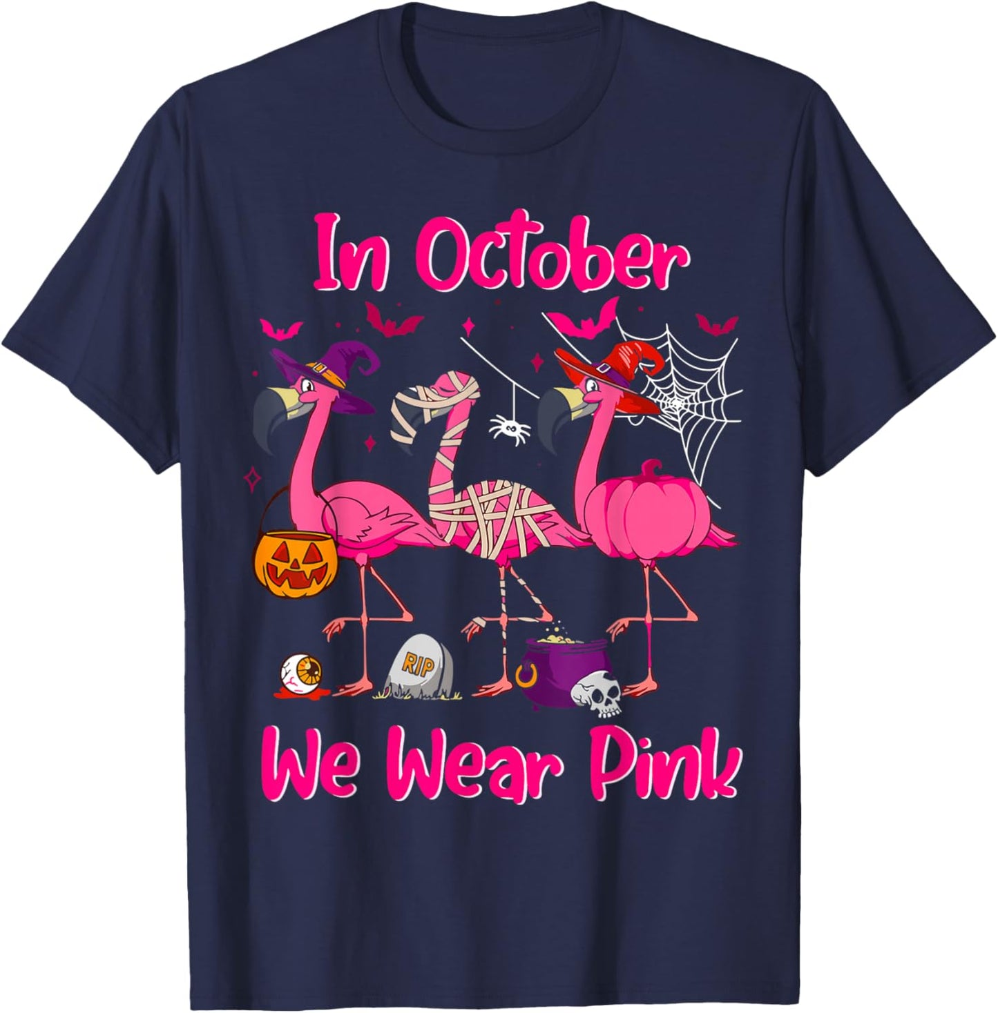In October We Wear Pink Flamingo Breast Cancer Awareness T-Shirt - T-Shirt | Navy