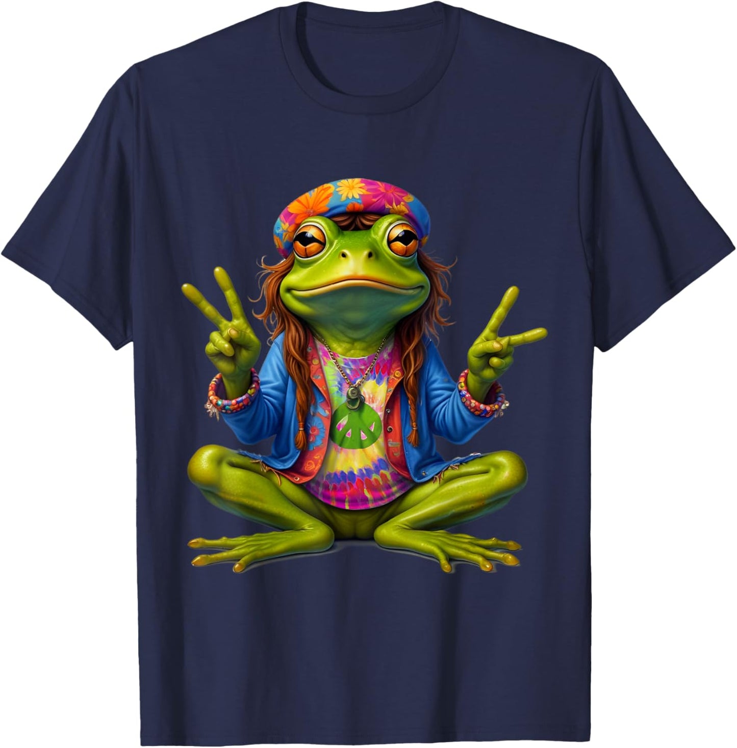 Tie-Dye Frog Peace Sign 60s 70s Hippie Men Women T-Shirt - T-Shirt | Navy