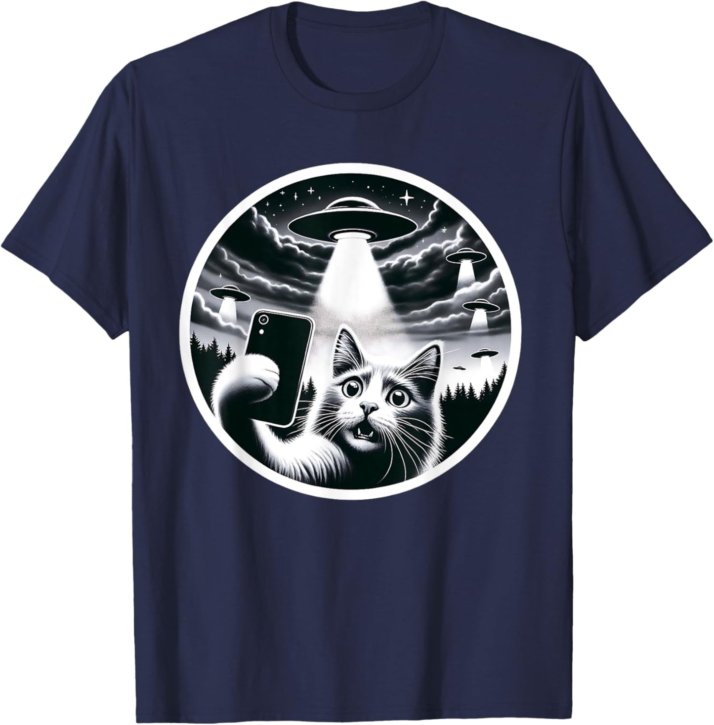 Whisker-ed Away: Cat's Hilarious UFO Abduction Selfie T-Shirt - T-Shirt | Navy