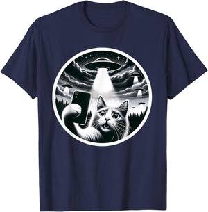 Whisker-ed Away: Cat's Hilarious UFO Abduction Selfie T-Shirt - T-Shirt | Navy
