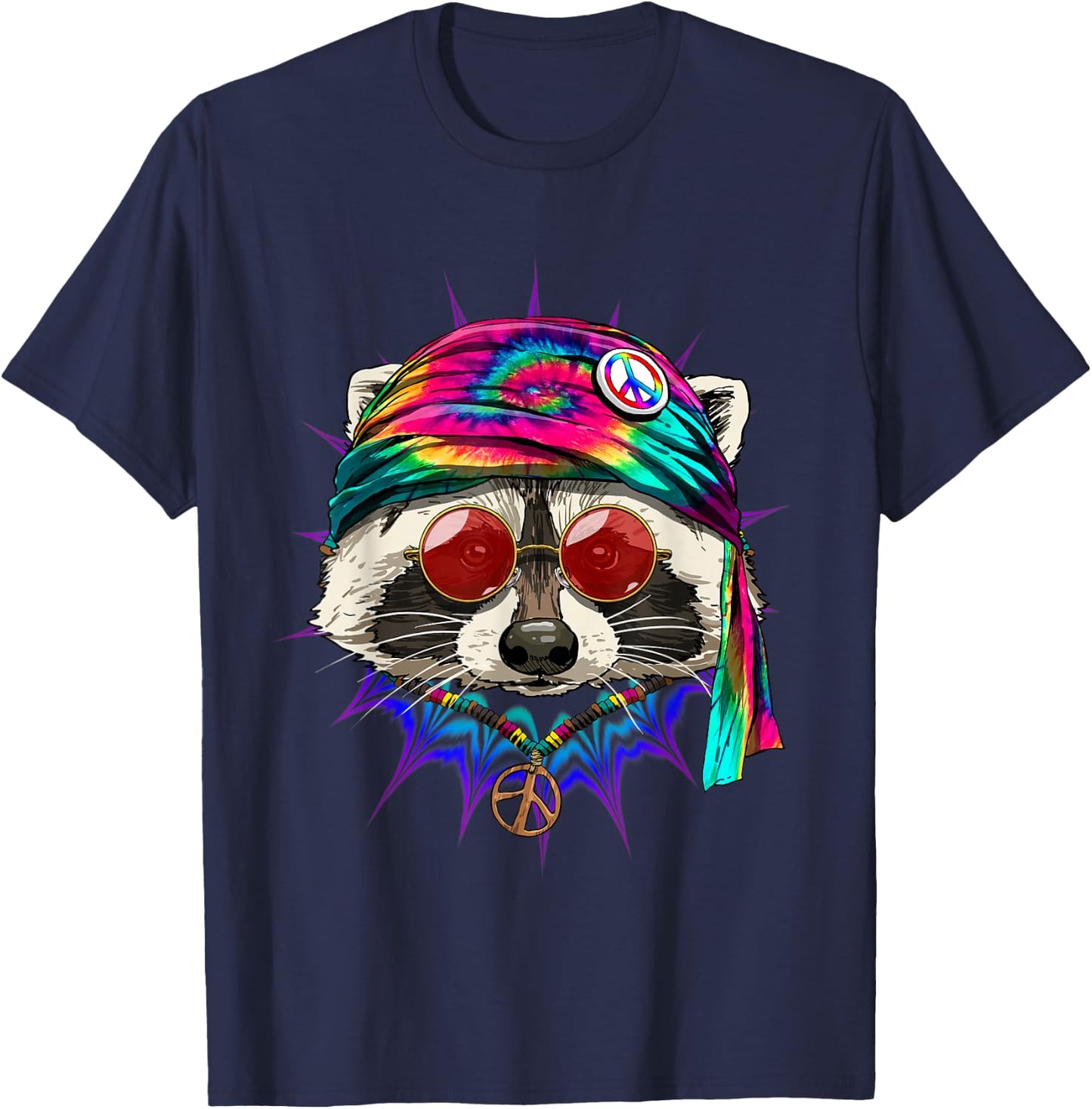 Hippie Raccoon Tie Dye Peace Sign Psychedelic Trash Panda T-Shirt - T-Shirt | Navy
