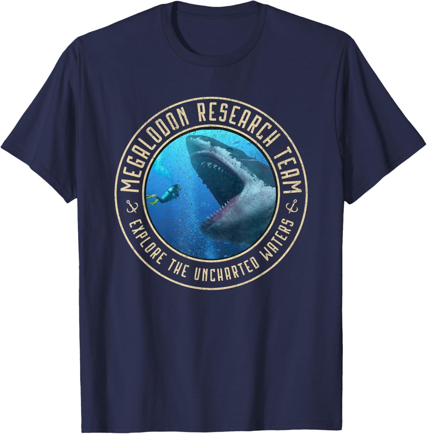 Megalodon Research Team Logo Emblem Dinosaur Shark T-Shirt - T-Shirt | Navy