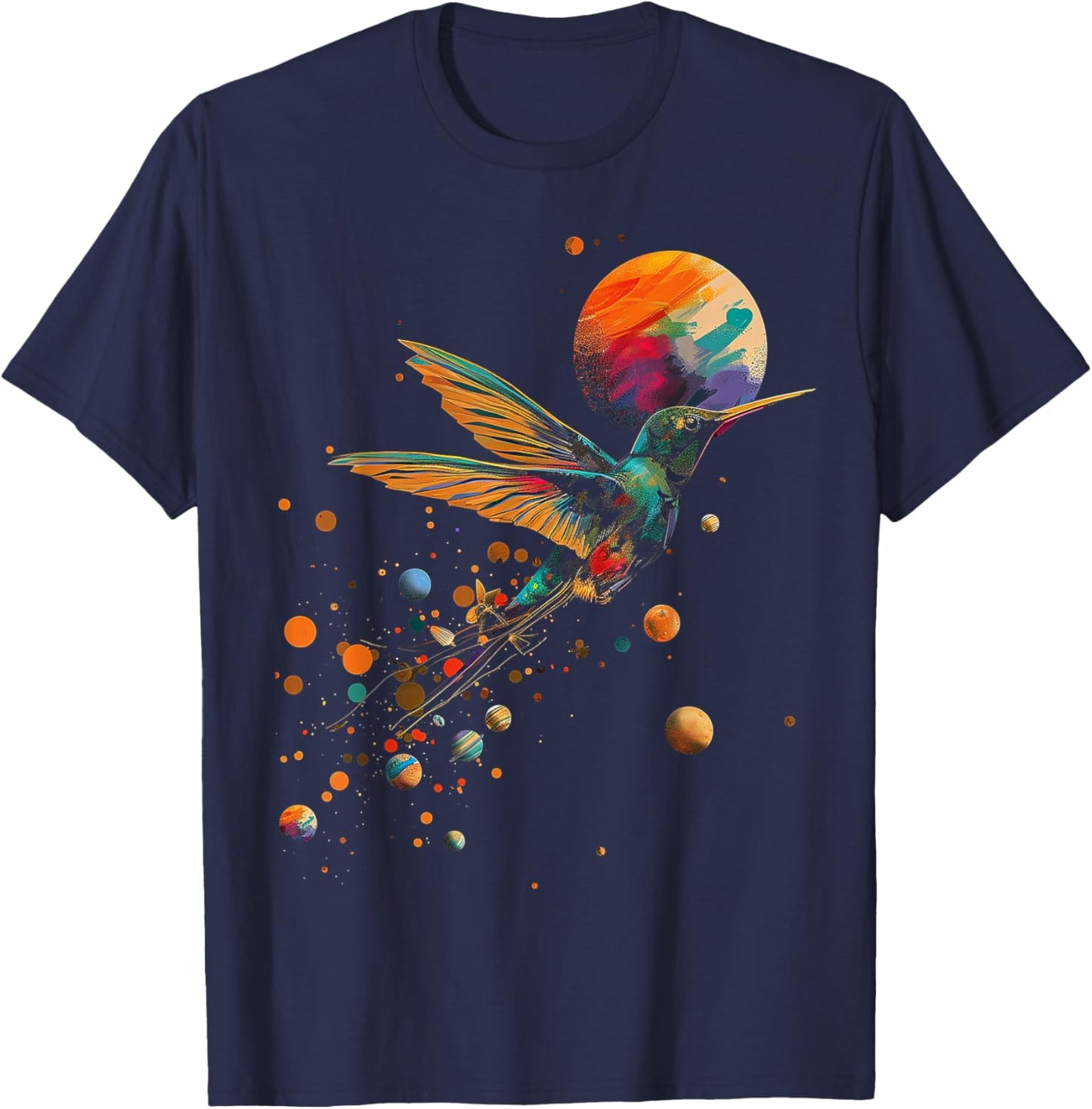 Hummingbird Colorful Planets Geometric Animal Artwork Bird T-Shirt - T-Shirt | Navy